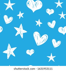 Hearts and stars doodles seamless pattern. Valentine's day decoration background.