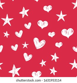 Hearts and stars doodles seamless pattern. Valentine's day decoration background.