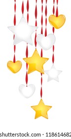 Hearts and stars hanging on ribbons,  Christmas decorations.