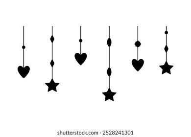 Hearts and stars hanging on a string. Black silhouette. Horizontal front view. Vector simple flat graphic illustration. Isolated object on white background. Isolate.