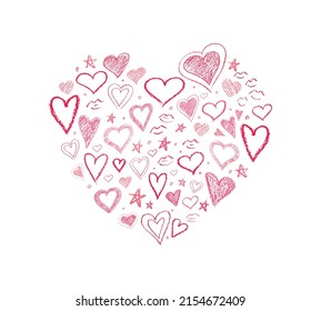 Hearts Stars and Lips Drawn by Hand with Lipstick and Pencil. Set. Shape of Heart. Pretty Elements for a School Girl Teenager and Woman. White background. Vector image for a Romantic Valentine day.