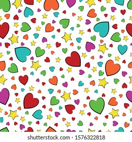 Hearts and stars. Texture for Valentine's Day. Hearts and stars multicolored with a black outline. Design element. Vector illustration.