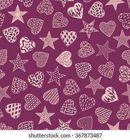 Hearts. Stars. Valentine Seamless pattern. Happy Valentine's day. Hand drawn doodle Hearts and Stars - Vector illustration.