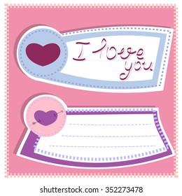 Hearts Sticker Paper With Hand lettering I Love You. Valentine's day vector illustration Postcard.