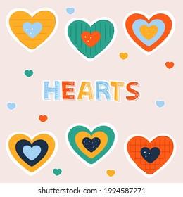 Hearts stickers collection. Doodle colorful summer set with cute icons. Perfect for the design of mugs, gifts, textiles, cards, banners, posters, web and more