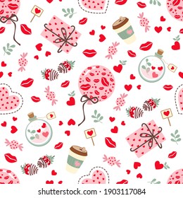 Hearts, strawberries, love potion, envelope, chocolate covered strawberries, candy and a balloon. Heart like lipstick kiss seamless pattern. Gift wrapping design, material, cover.Vector illustration.