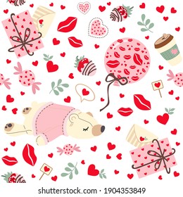 Hearts, strawberries, love potion, envelope, chocolate covered strawberries, bear and a balloon. Heart like lipstick kiss seamless pattern. Gift wrapping design, material, cover.Vector illustration.