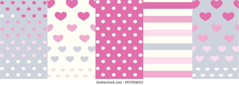 Hearts, Stripe and Dots Vector Patterns. Lovely Nursery Art for Card, Invitation, Wall Art, Baby Girl Party.