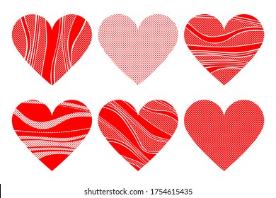 
Hearts. Striped pattern and circles. Set of decorative elements for the design of advertising, packaging, fabric, textile.