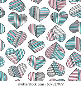 Hearts and stripes hand drawn abstract colorful pattern. Vector seamless background for wallpaper, wrapping, textile design, surface texture, fabric.