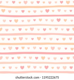 Hearts and stripes seamless repeat vector pattern. Soft, pastel pink, beige and red colors. Valentine day cute simple retro background. Uneven doodle style bars, streaks, parallel lines texture.