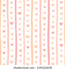 Hearts and stripes seamless repeat vector pattern. Soft, pastel pink, beige and red colors. Valentine day cute simple retro background. Uneven doodle style bars, streaks, parallel lines texture.