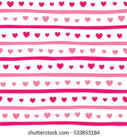 Hearts and stripes seamless vector pattern. Valentine day simple background. Hearts of different size and uneven, doodle style bars endless texture. Shades of pink.