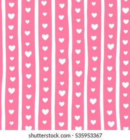 Hearts and stripes seamless vector pattern. Valentine day simple background. Hearts of different size and uneven, doodle style vertical bars endless texture.