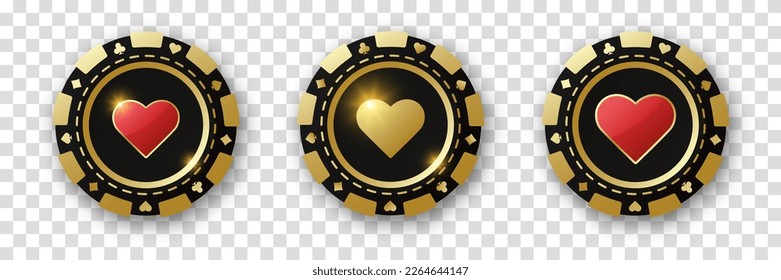 Hört Jetons an. Set von Gold-, Schwarz- und Rot-Poker-Chips. Spielautomaten mit Anzügen für Poker, Casino und Roulette. Vektorgrafik. Für Spieldesign, Werbe-Web-Banner und Poster.