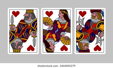 Hearts suit playing cards of King, Queen and Jack in funny modern colorful linear style. Vector illustration