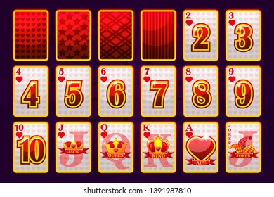 Hearts Suit Poker Playing Cards for poker and casino. Playful collection symbols sign fool deck.