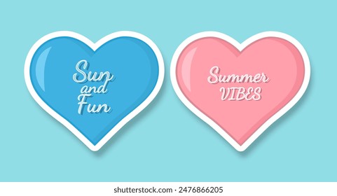 Hearts with summer inscriptions on a blue background. Sticker of colored hearts with a shadow. Cartoon retro style. Vector illustration.
