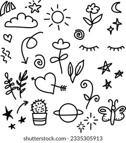 Hearts, sun, clouds, arrows flowers moon and stars in doodle style vector.  Abstract arrows, ribbons and other handmade style elements for concept design. Doodle Illustration. Vector template for deco