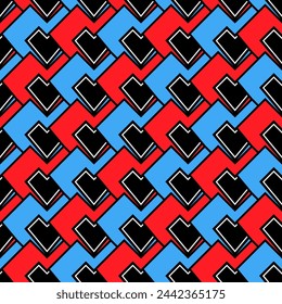 Hearts superimposed on each other seamless geometric pattern. Until Valentine's Day, wedding, paper, gift wrapping, textiles, web. Red and blue with white and black