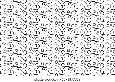 Hearts Swirling seamless pattern, black and white curly love scroll repeating wrapping paper, valentines Day Elegant seamless background, abstract curve outline heart swirls texture