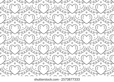 Hearts Swirling seamless pattern, black and white curly love scroll repeating wrapping paper, valentines Day Elegant seamless background, abstract curve outline heart swirls texture