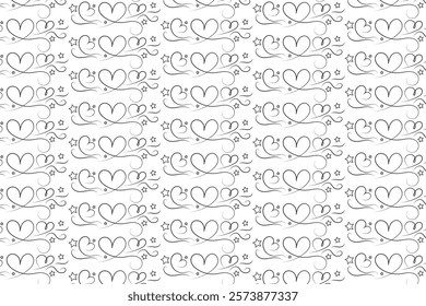 Hearts Swirling seamless pattern, black and white curly love scroll repeating wrapping paper, valentines Day Elegant seamless background, abstract curve outline heart swirls texture