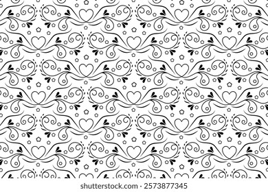 Hearts Swirling seamless pattern, black and white curly love scroll repeating wrapping paper, valentines Day Elegant seamless background, abstract curve outline heart swirls texture