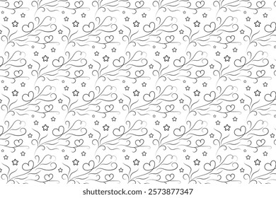 Hearts Swirling seamless pattern, black and white curly love scroll repeating wrapping paper, valentines Day Elegant seamless background, abstract curve outline heart swirls texture