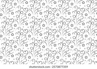 Hearts Swirling seamless pattern, black and white curly love scroll repeating wrapping paper, valentines Day Elegant seamless background, abstract curve outline heart swirls texture