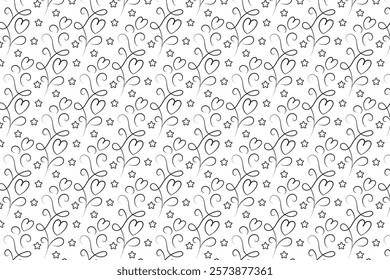 Hearts Swirling seamless pattern, black and white curly love scroll repeating wrapping paper, valentines Day Elegant seamless background, abstract curve outline heart swirls texture
