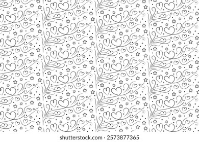 Hearts Swirling seamless pattern, black and white curly love scroll repeating wrapping paper, valentines Day Elegant seamless background, abstract curve outline heart swirls texture