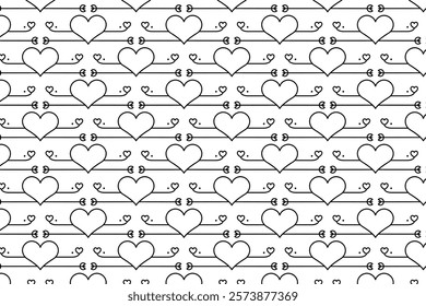 Hearts Swirling seamless pattern, black and white curly love scroll repeating wrapping paper, valentines Day Elegant seamless background, abstract curve outline heart swirls texture