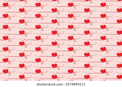Hearts Swirling seamless pattern, red heart scroll repeating wrapping paper, valentines Day Elegant seamless background, abstract curly love swirls texture
