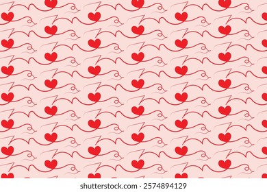 Hearts Swirling seamless pattern, red heart scroll repeating wrapping paper, valentines Day Elegant seamless background, abstract curly love swirls texture
