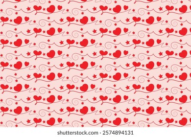 Hearts Swirling seamless pattern, red heart scroll repeating wrapping paper, valentines Day Elegant seamless background, abstract curly love swirls texture
