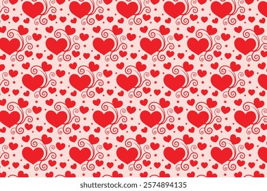 Hearts Swirling seamless pattern, red heart scroll repeating wrapping paper, valentines Day Elegant seamless background, abstract curly love swirls texture
