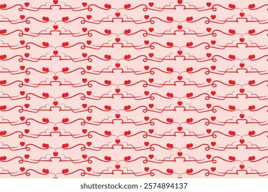 Hearts Swirling seamless pattern, red heart scroll repeating wrapping paper, valentines Day Elegant seamless background, abstract curly love swirls texture
