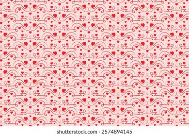 Hearts Swirling seamless pattern, red heart scroll repeating wrapping paper, valentines Day Elegant seamless background, abstract curly love swirls texture
