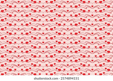 Hearts Swirling seamless pattern, red heart scroll repeating wrapping paper, valentines Day Elegant seamless background, abstract curly love swirls texture
