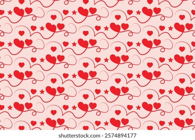 Hearts Swirling seamless pattern, red heart scroll repeating wrapping paper, valentines Day Elegant seamless background, abstract curly love swirls texture
