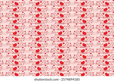 Hearts Swirling seamless pattern, red heart scroll repeating wrapping paper, valentines Day Elegant seamless background, abstract curly love swirls texture
