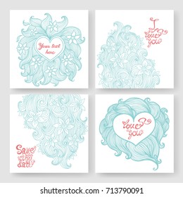 Hearts with swirls vintage wedding invitation cards set.