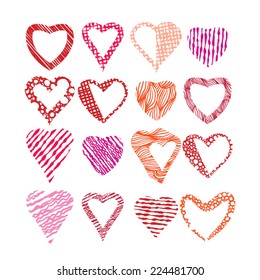 Hearts symbols vector set, different shapes and textures vector heart icons.