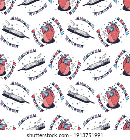 Hearts and syringes. Seamless pattern on a white background. Cute vector illustration.