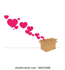 Hearts taking off from a box. Abstract vector illustration.