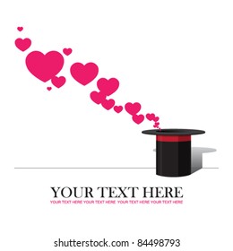 Hearts taking off from magic hat. Vector illustration. Place for your text.