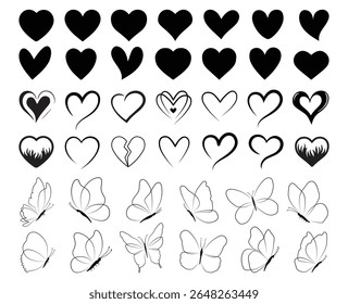 Tatuagem de corações, borboletas pretas isoladas no fundo branco, coleção de silhuetas. Cor preta borboleta, forma voadora, design vetorial. Contornos de borboleta monarca moderno abstrato para decoração
