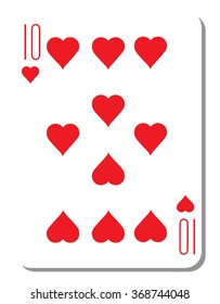 Hearts Ten with a blank background for poker from a deck of playing cards. Quality vector illustration of a two-color fill, classic design.