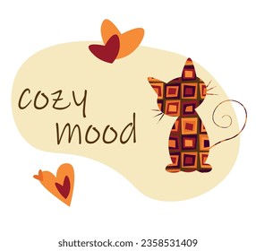 hearts, text and cat silhouette filled with cozy colored pattern on light background. vector design for fashion and poster prints, wall art, sticker.